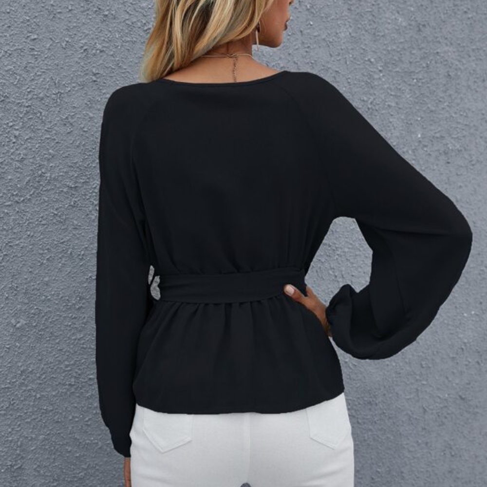 Solid v neck Long Sleeve Peplum Blouse - Picture 5 of 5